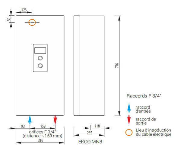 les dimensions de la chaudiere electrique kospel l3 et ln3