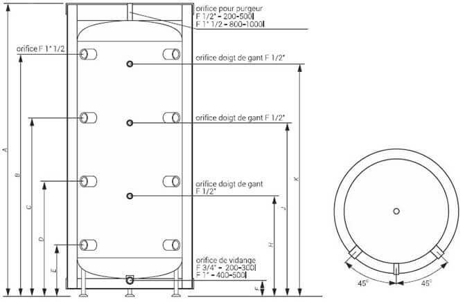 Dimensions du ballon tampon Kospel 200 à 1000 Litres sans échangeur