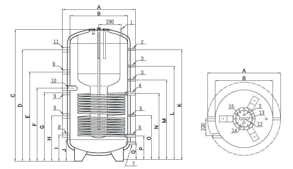 Dimensions et piquages du ballon combiné 500 à 1000 L avec 1 échangeur