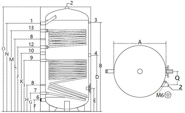 Dimensions et piquages du ballon inox avec 2 échangeurs 800 à 2000 litres