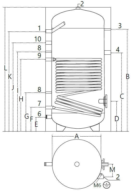 Dimensions et piquage du ballon ECS solaire 800 et 1000 litres avec 1 échangeur