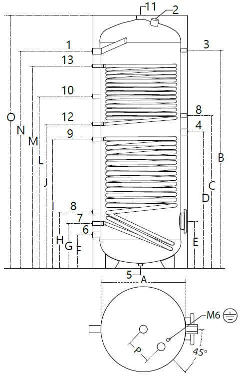 Dimensions et piquages du ballon solaire 200 à 500 Litres 2 échangeurs