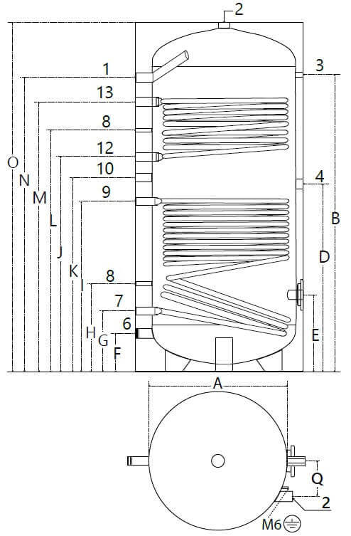 Dimensions et piquages du ballon solaire 800 litres avec 2 échangeurs