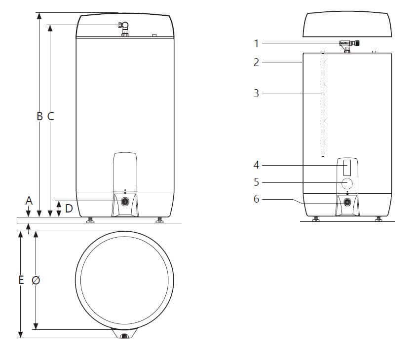 Dimensions vue du dessus ballon électrique inox ECS avec résistance thermoplongée