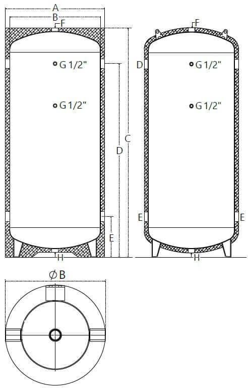 Dimensions et piquages du ballon bouteille de mélange pour eau chaude et glacée 100 à 1000 Litres