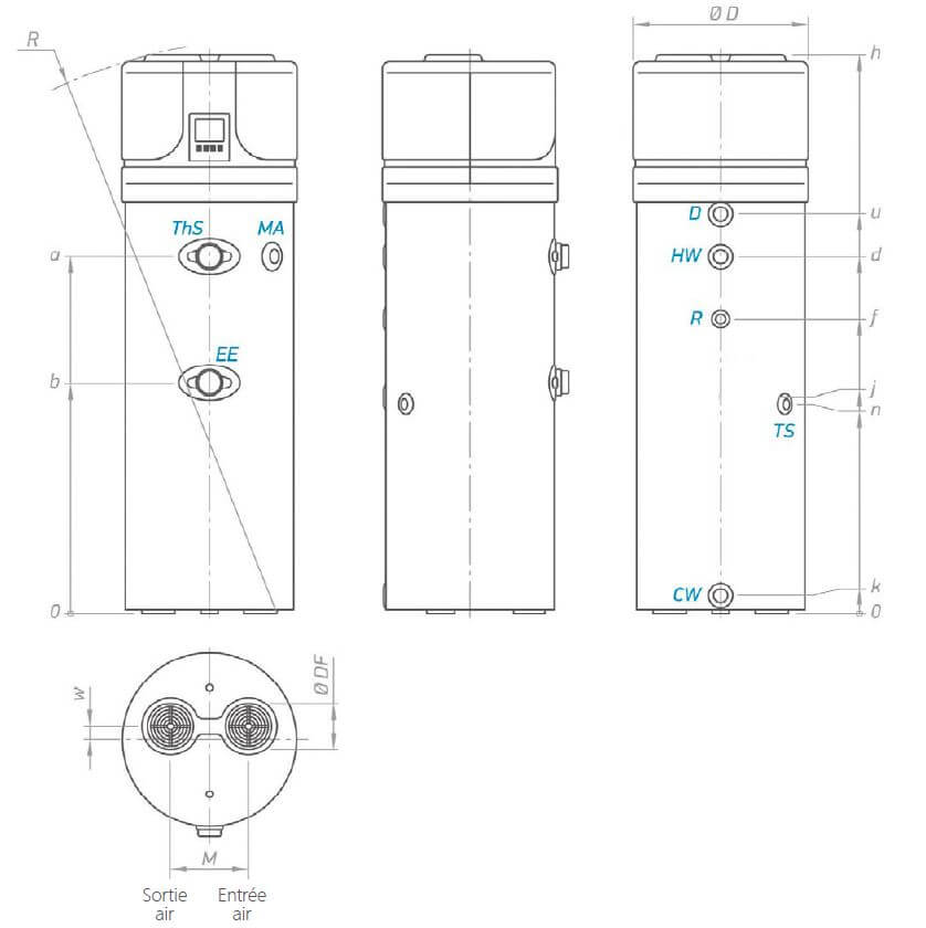 Dimensions du ballon thermodynamique 200 litres sans échangeur