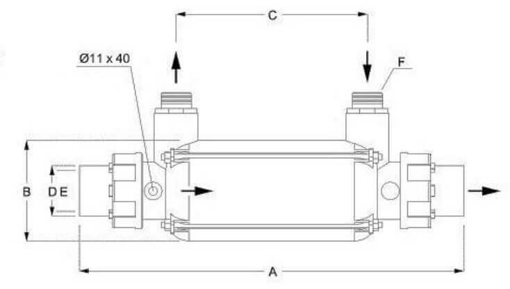 Schéma et dimensions de l'échangeur thermique pour piscine 25 et 45 kW INOX