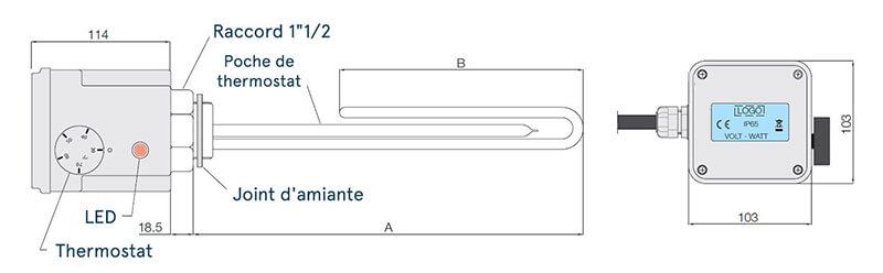 Schéma de dimensions de la résistance 3 kW Monophasée