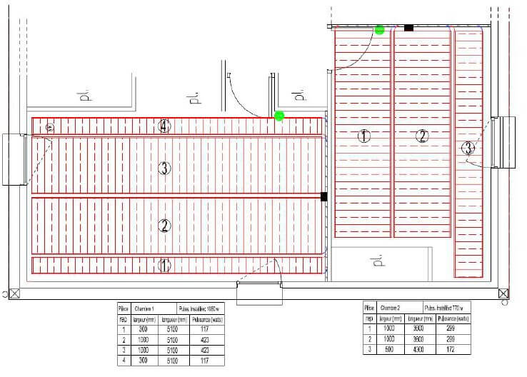 Exemple de plan de pose d'un plancher chauffant électrique