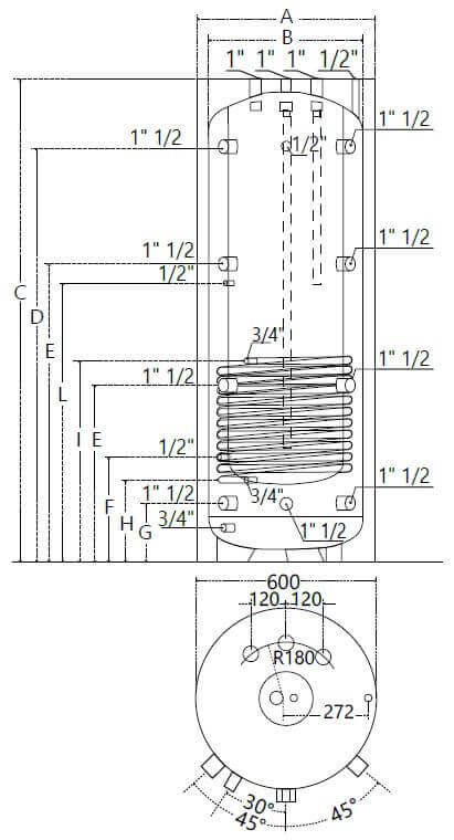 Dimensions et piquages du ballon 300L